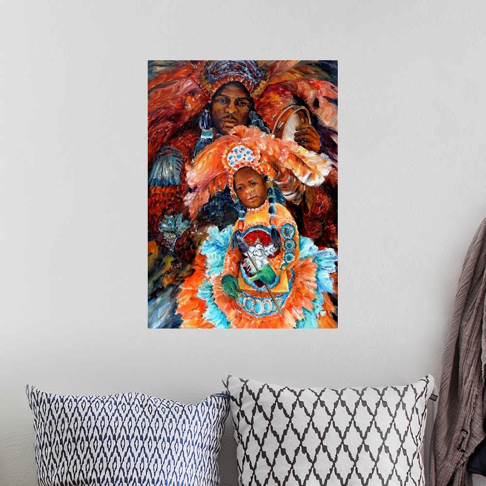 A bohemian room featuring Mardi Gras Indians