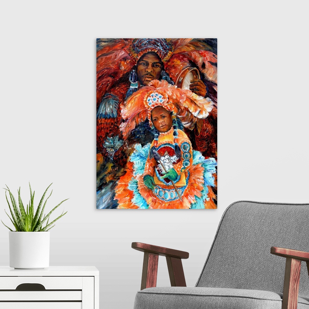 A modern room featuring Mardi Gras Indians