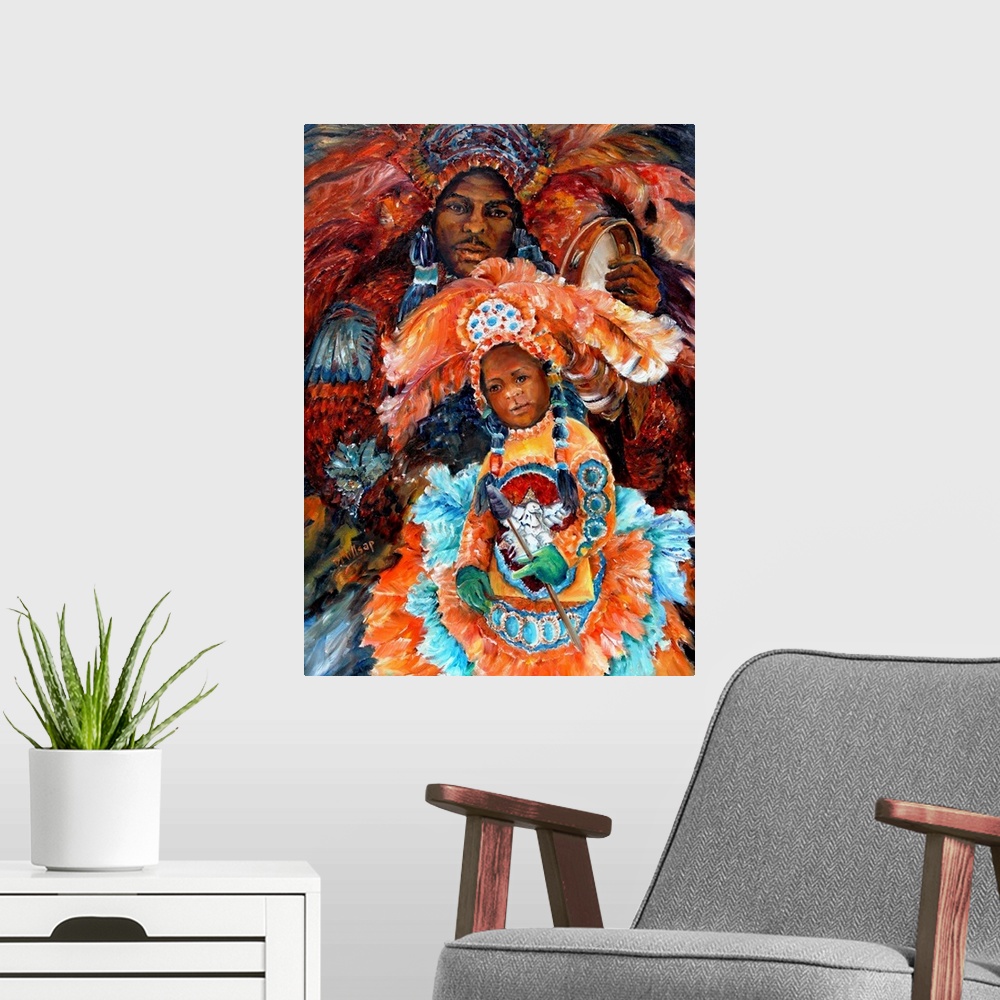 A modern room featuring Mardi Gras Indians