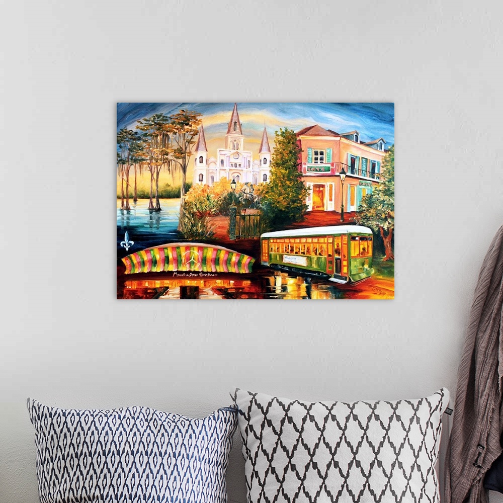A bohemian room featuring Collage of historic New Orleans landmarks, including the Cathedral and trolley.