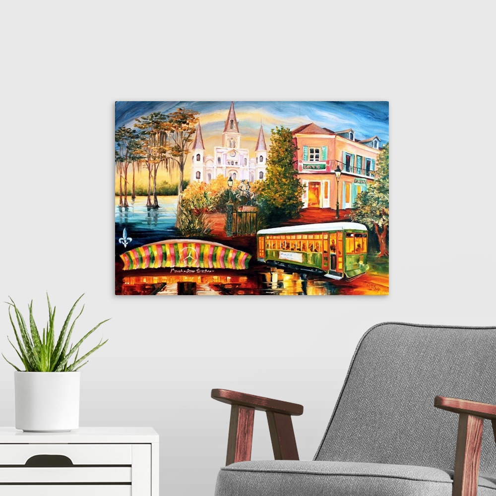 A modern room featuring Collage of historic New Orleans landmarks, including the Cathedral and trolley.