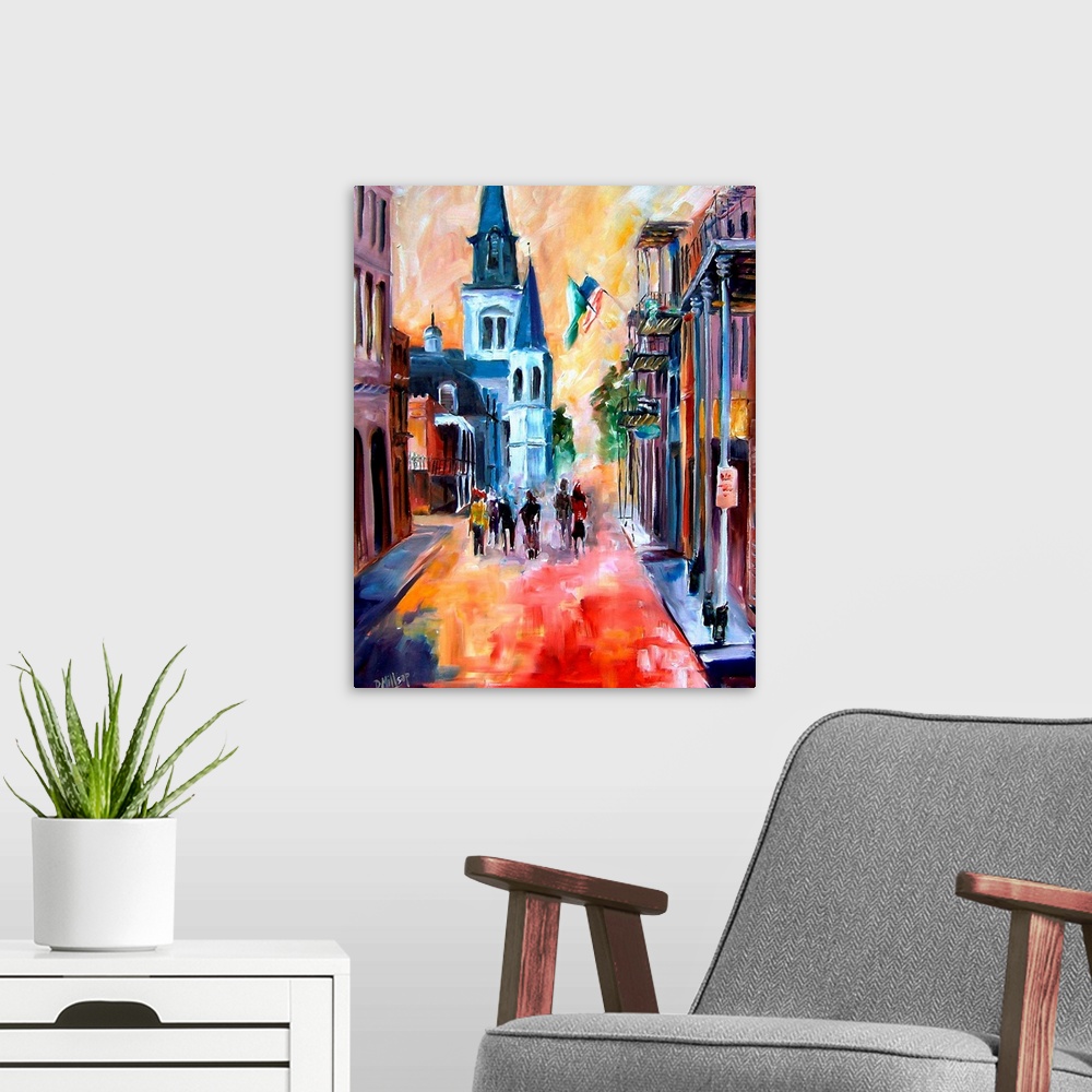 A modern room featuring Vertical painting on a large wall hanging of a group of people surrounded by buildings as they wa...