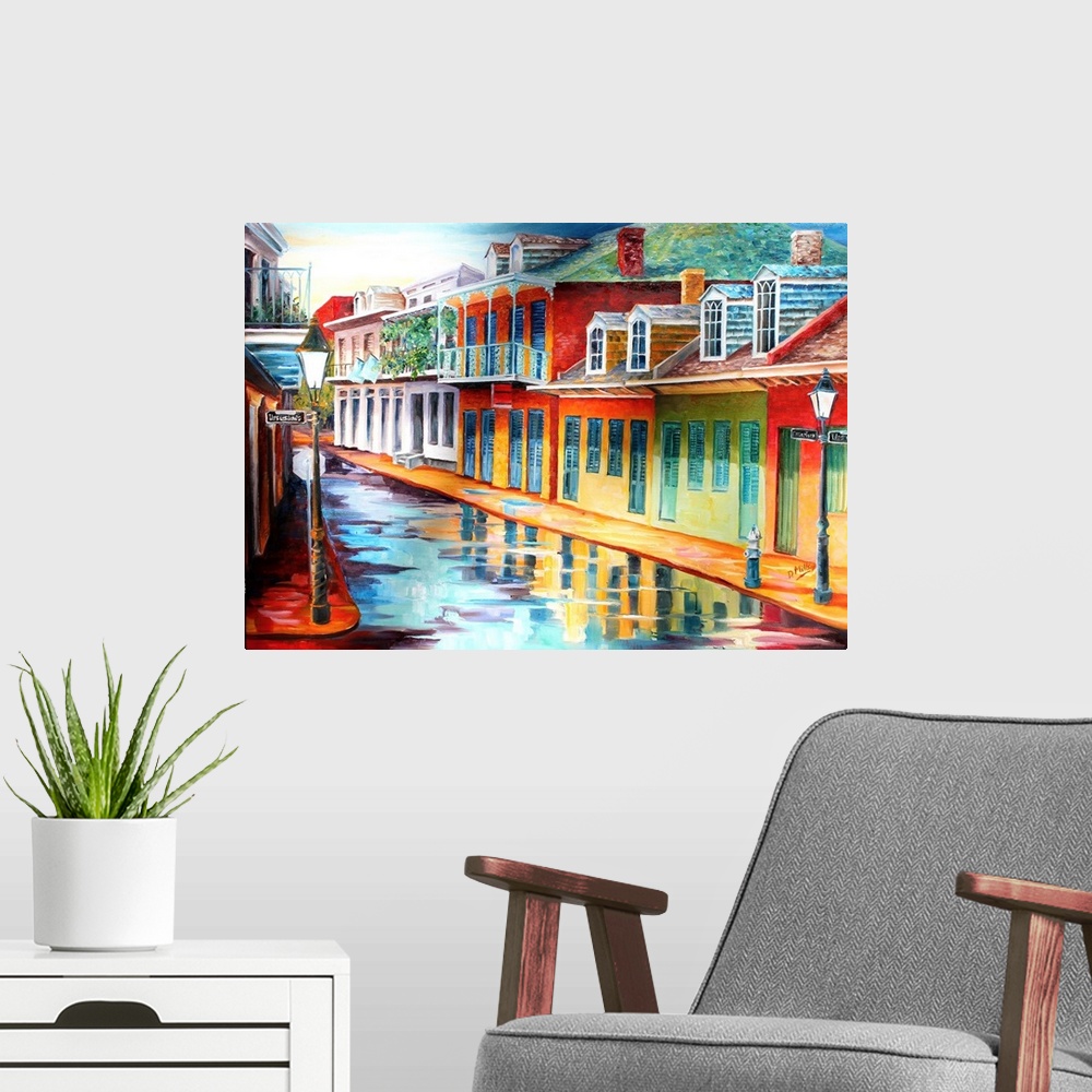 A modern room featuring Painting of a wet streetscape on Chartres Street in New Orleans, LA.