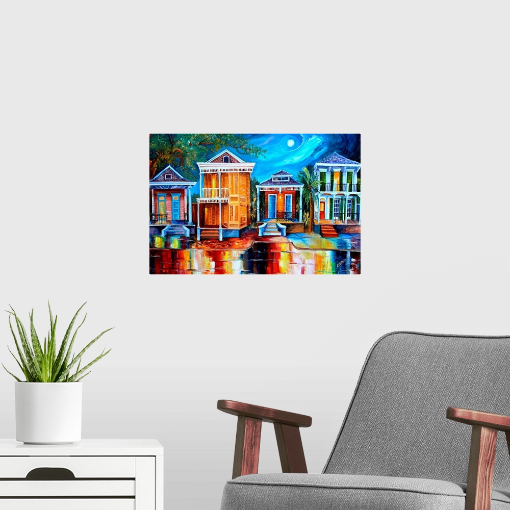 A modern room featuring This contemporary nighttime scene features a row of historic shotgun houses in New Orleans. The b...