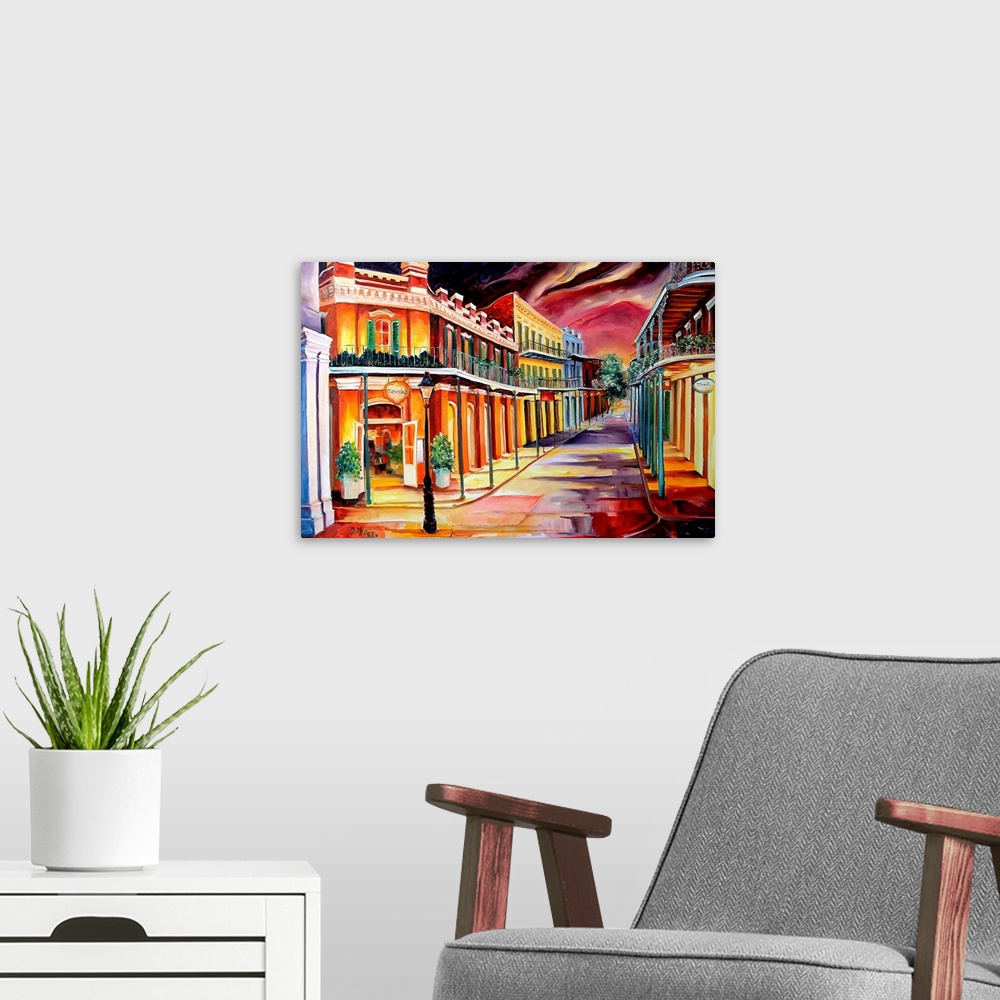A modern room featuring This is a contemporary painting of an urban cityscape depicting this national historic landmark n...