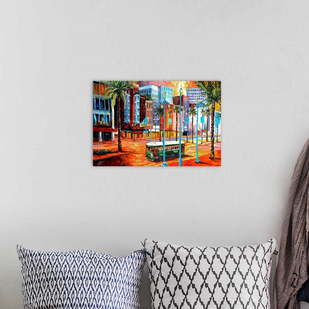 A bohemian room featuring Vibrant contemporary painting of a trolley driving down the streets of a city in Louisiana.