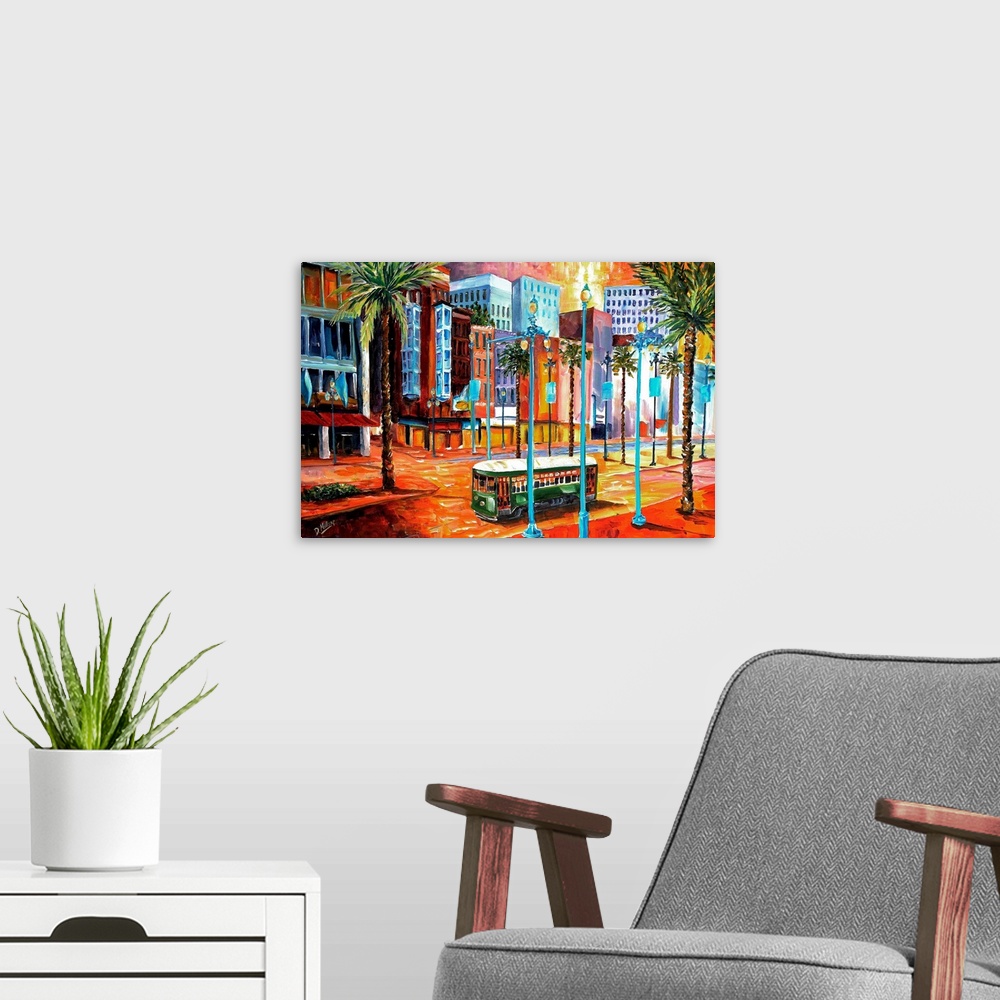 A modern room featuring Vibrant contemporary painting of a trolley driving down the streets of a city in Louisiana.