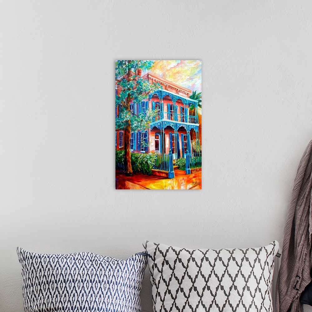 A bohemian room featuring Bright and vibrant colors are used to paint an old building on the streets in New Orleans.