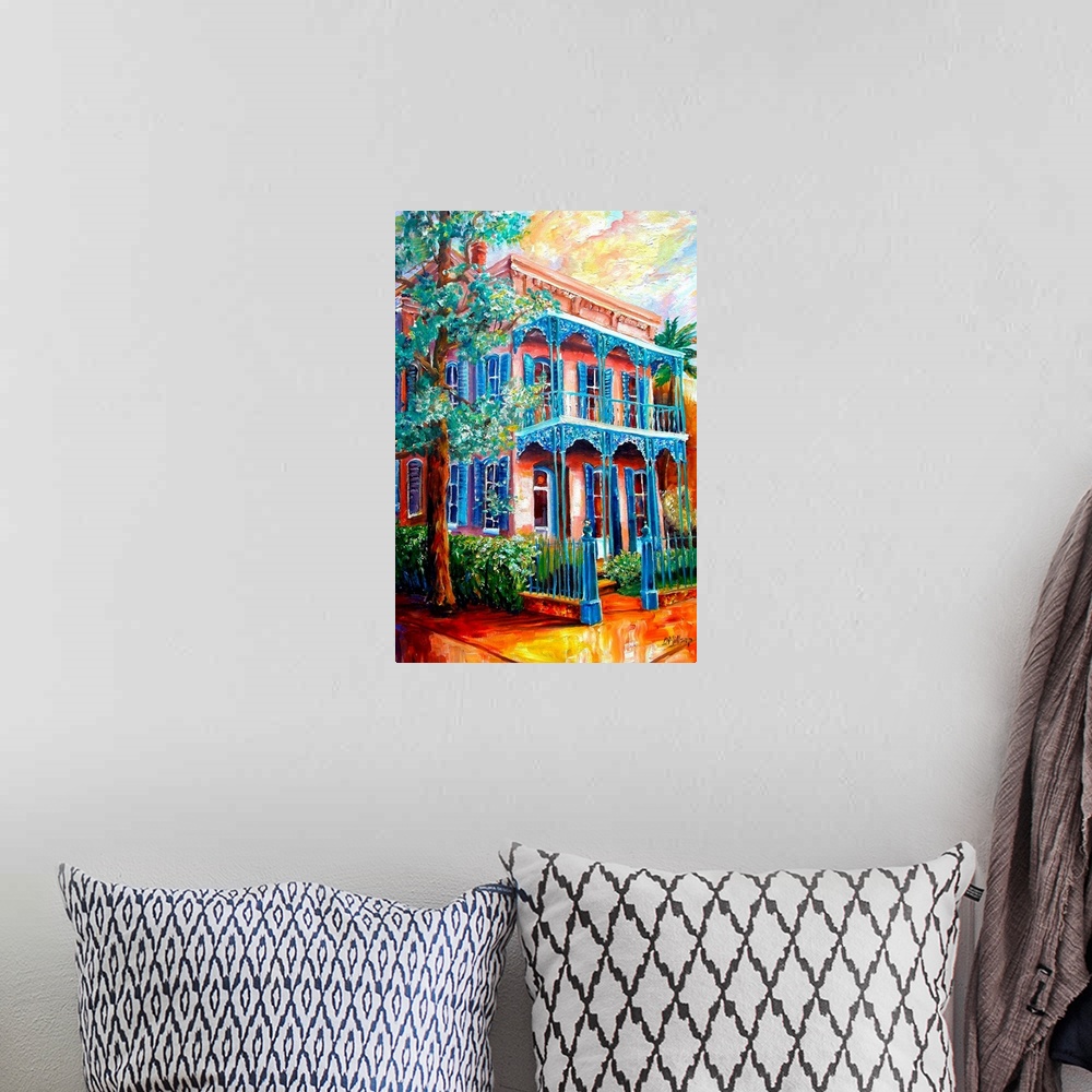 A bohemian room featuring Bright and vibrant colors are used to paint an old building on the streets in New Orleans.