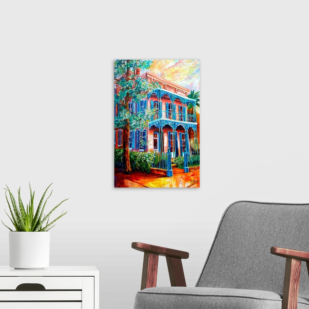 A modern room featuring Bright and vibrant colors are used to paint an old building on the streets in New Orleans.