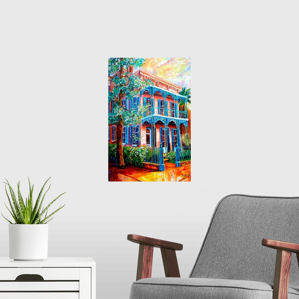 A modern room featuring Bright and vibrant colors are used to paint an old building on the streets in New Orleans.