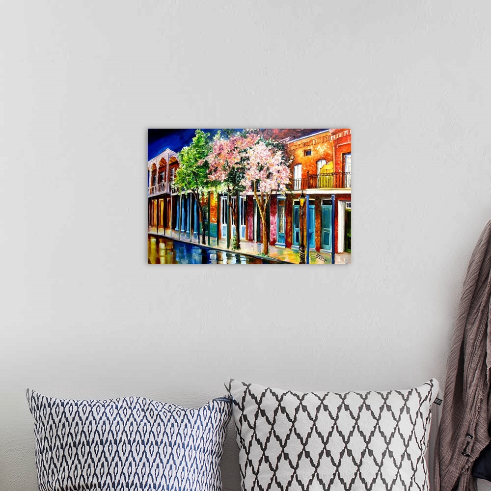 A bohemian room featuring Contemporary painting of flowering trees along a street in New Orleans, Louisiana.
