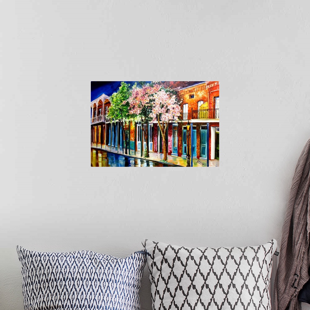 A bohemian room featuring Contemporary painting of flowering trees along a street in New Orleans, Louisiana.