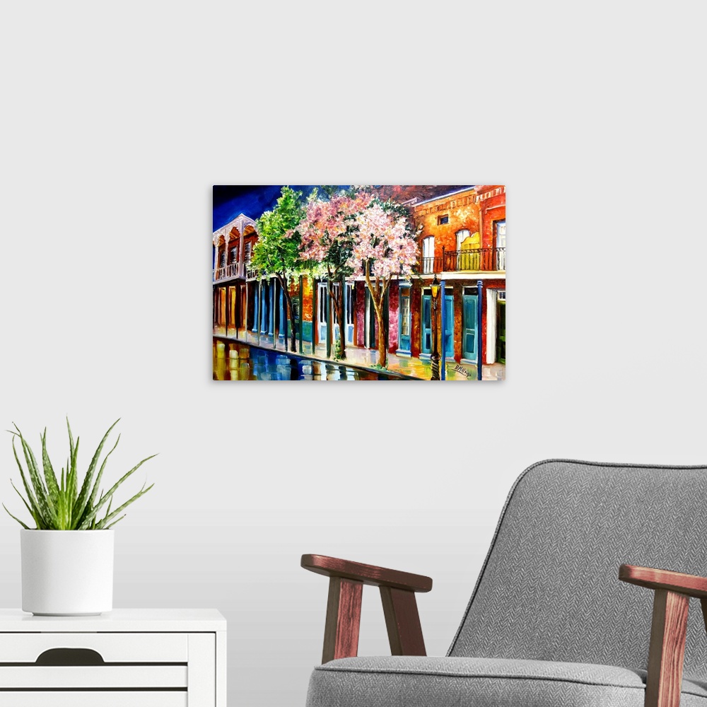 A modern room featuring Contemporary painting of flowering trees along a street in New Orleans, Louisiana.