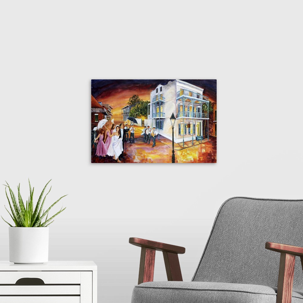 A modern room featuring A bride and groom with the bridal party celebrating in the streets of New Orleans.
