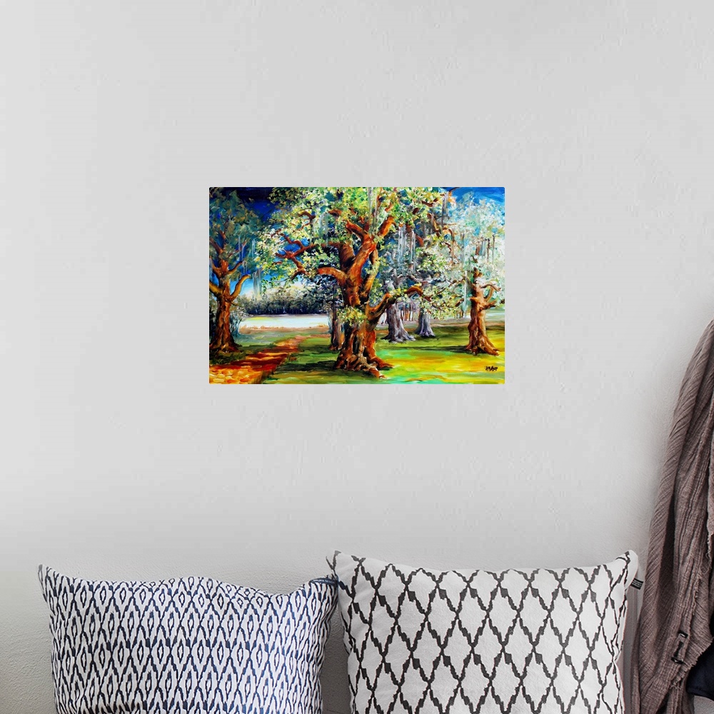 A bohemian room featuring Contemporary painting of large oak trees in the bayou area of Louisiana.