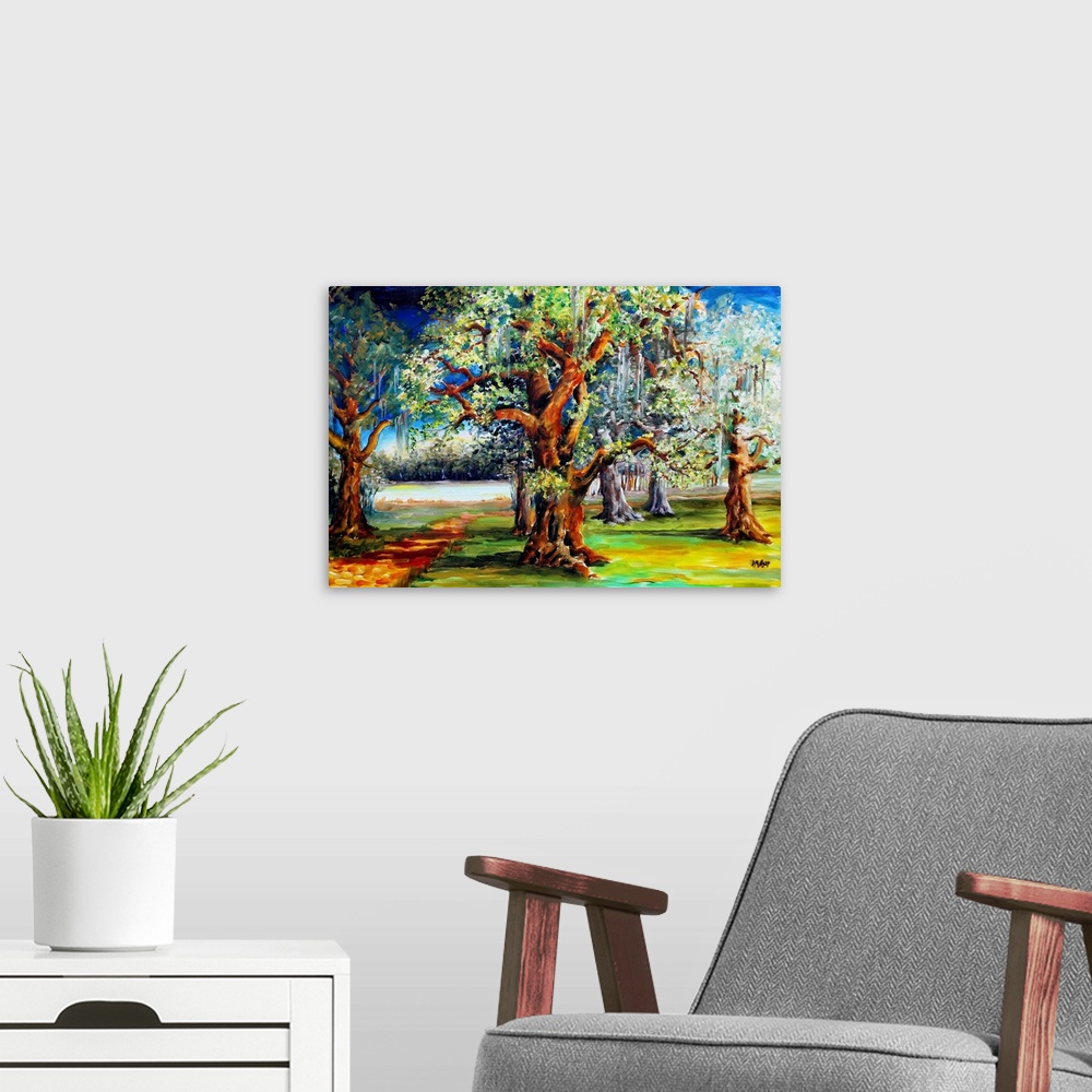 A modern room featuring Contemporary painting of large oak trees in the bayou area of Louisiana.