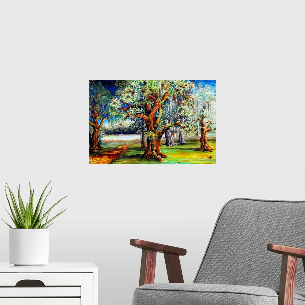 A modern room featuring Contemporary painting of large oak trees in the bayou area of Louisiana.