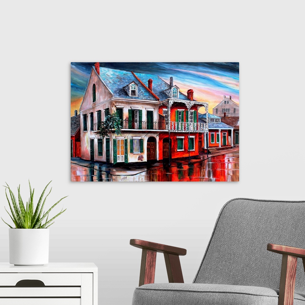 A modern room featuring Boldly colored contemporary painting of a historic part of the French Quarter in New Orleans.