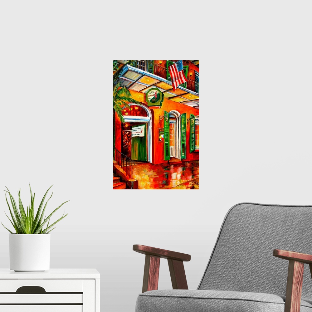 A modern room featuring Colorful contemporary painting of New Orleans' bourbon street in New Orleans, Louisiana.