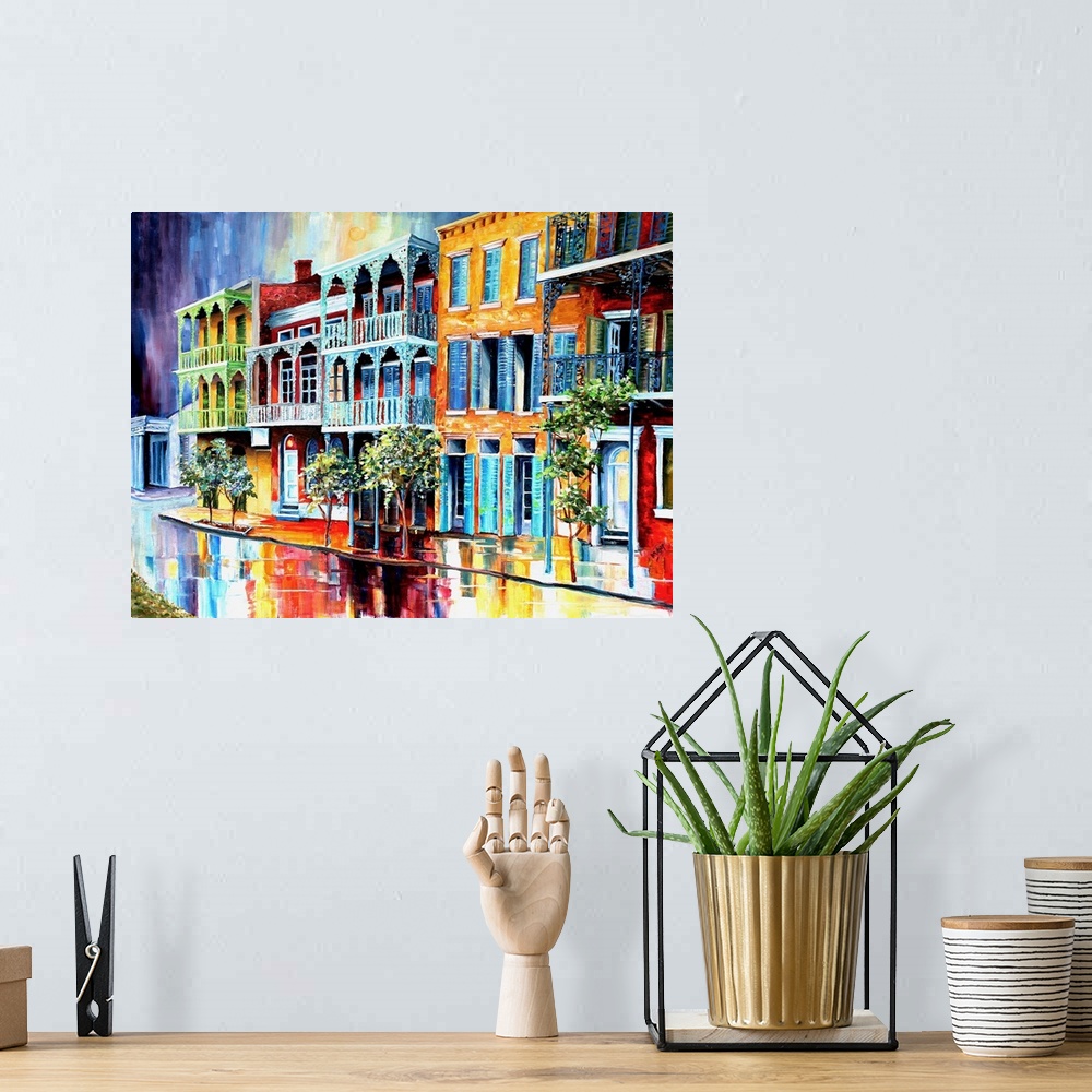 A bohemian room featuring Contemporary painting of New Orleans at night illuminated in vibrant colors.
