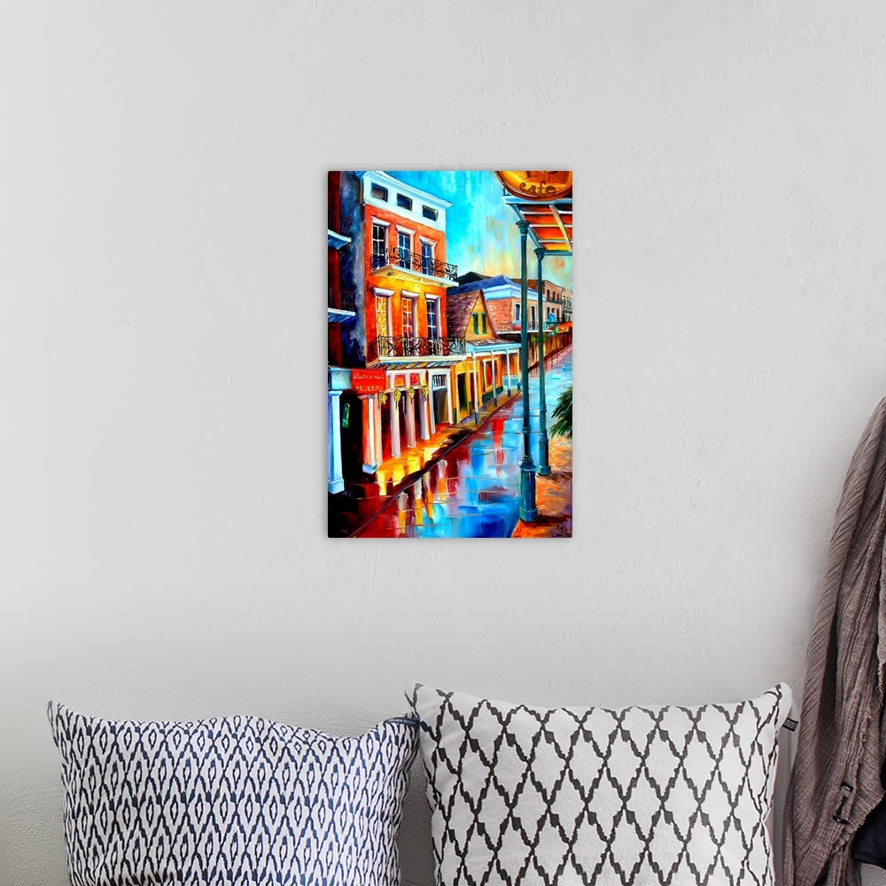 A bohemian room featuring Contemporary painting of the reflection of the lights on the wet street after a rainstorm in New ...