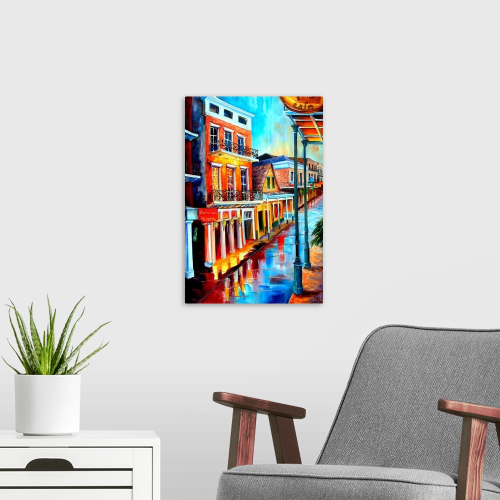 A modern room featuring Contemporary painting of the reflection of the lights on the wet street after a rainstorm in New ...