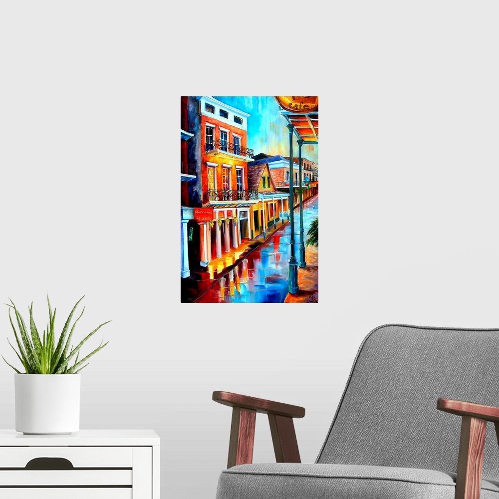 A modern room featuring Contemporary painting of the reflection of the lights on the wet street after a rainstorm in New ...