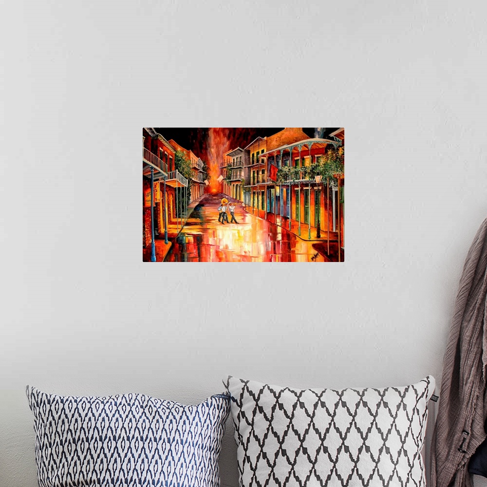 A bohemian room featuring Contemporary artwork that uses bright colors to paint a street lined with buildings in New Orlean...
