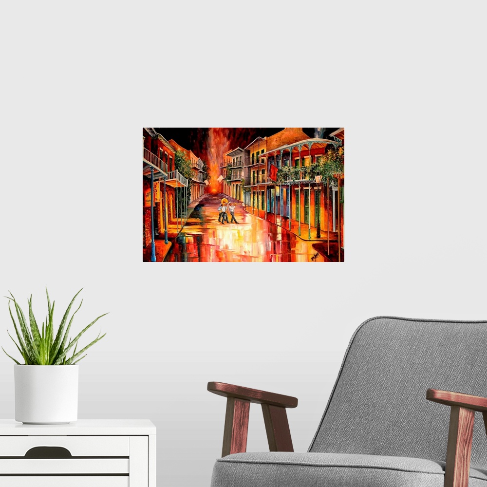 A modern room featuring Contemporary artwork that uses bright colors to paint a street lined with buildings in New Orlean...