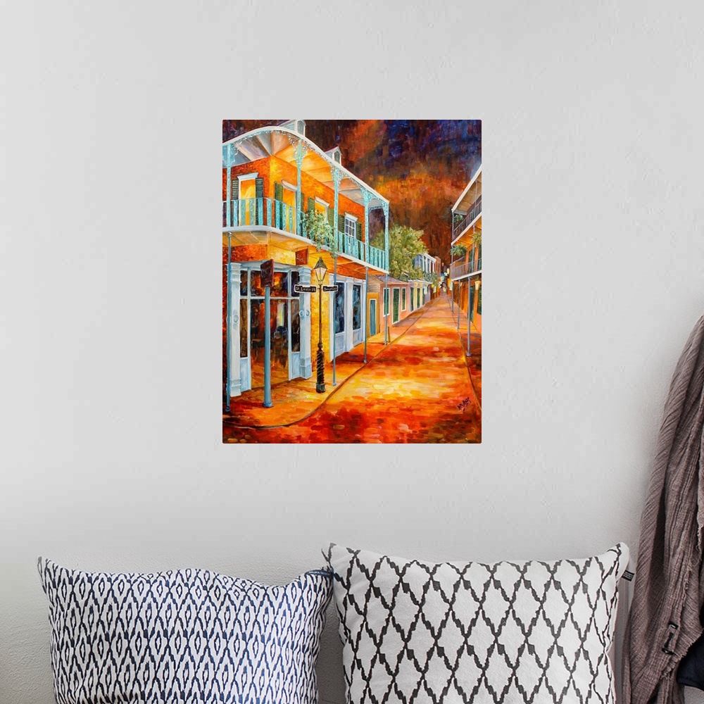 A bohemian room featuring Boldly colored contemporary painting of a historic part of the French Quarter in New Orleans.