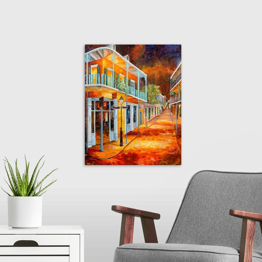 A modern room featuring Boldly colored contemporary painting of a historic part of the French Quarter in New Orleans.