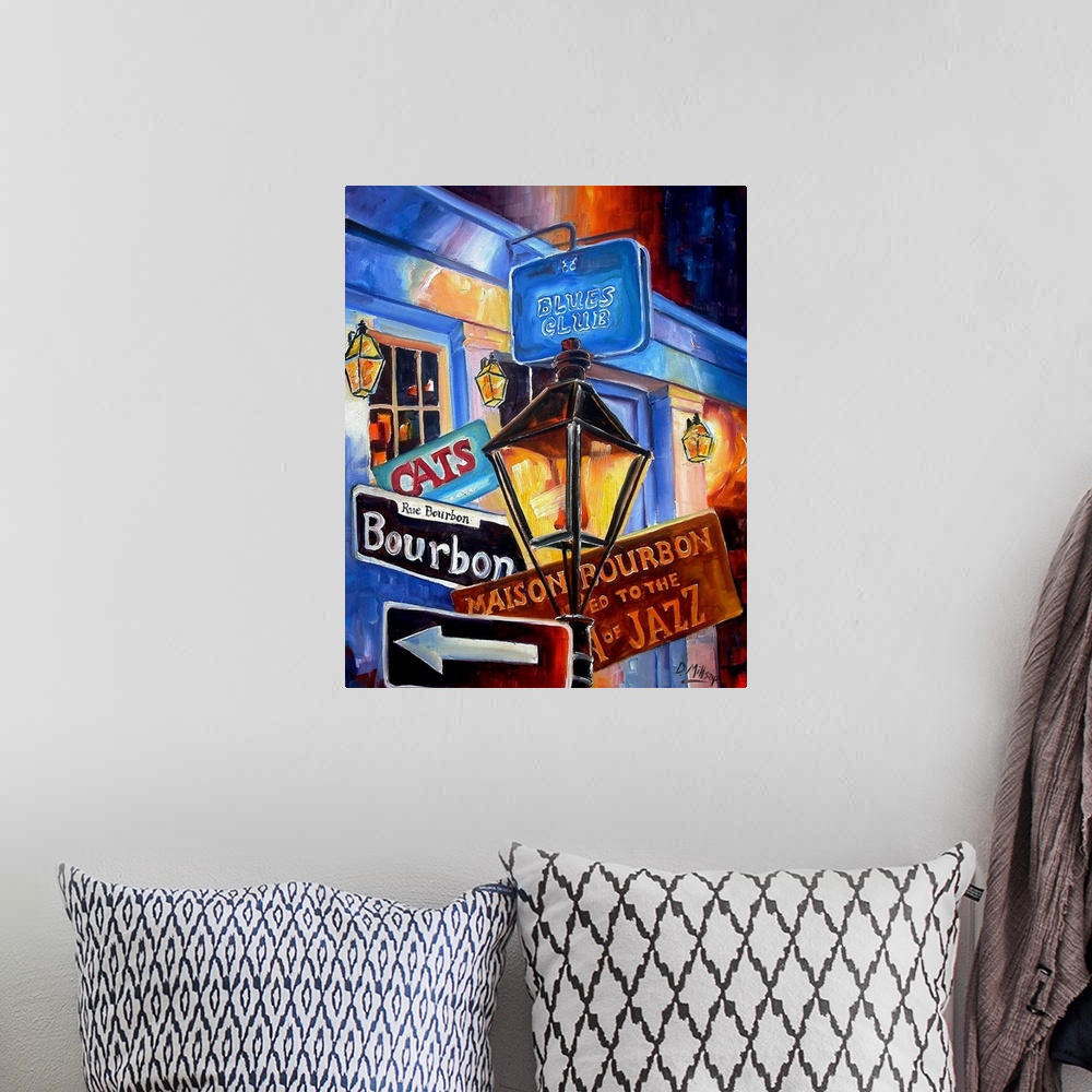 A bohemian room featuring Portrait, contemporary painting of a small collection of advertising signs one would see on Bourb...