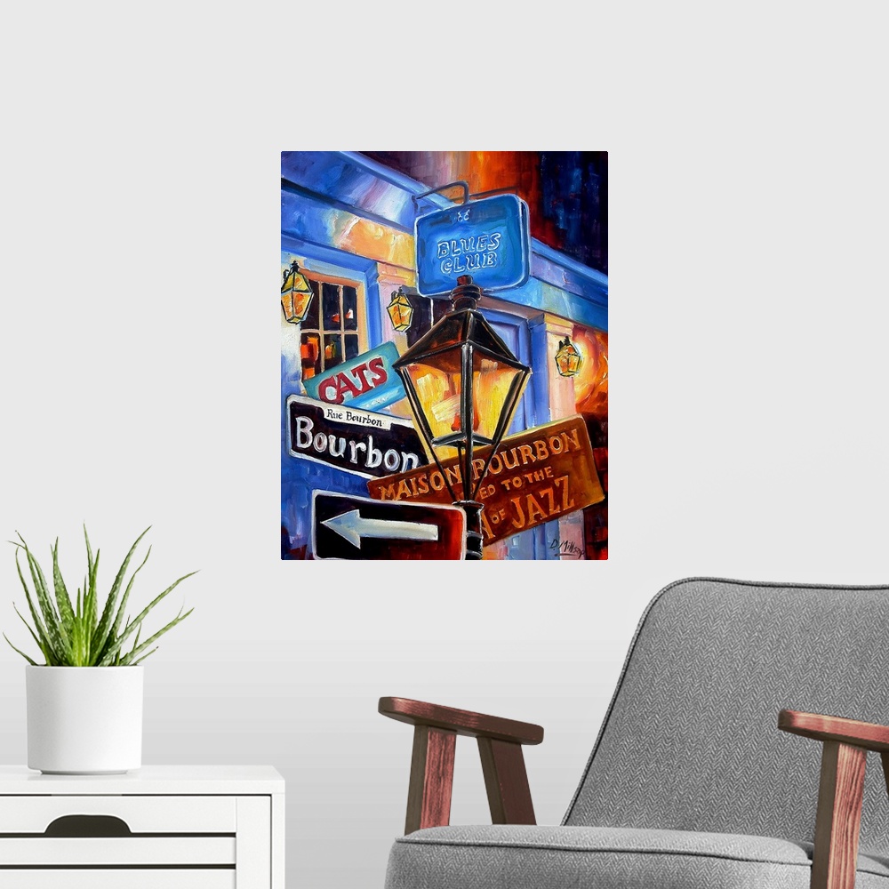 A modern room featuring Portrait, contemporary painting of a small collection of advertising signs one would see on Bourb...
