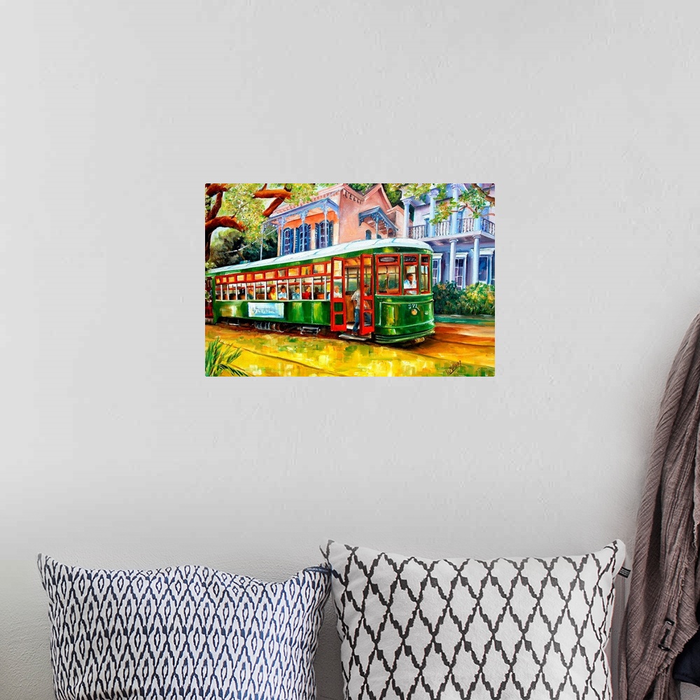 A bohemian room featuring Contemporary landscape painting of a New Orleans street lined with beautiful homes.