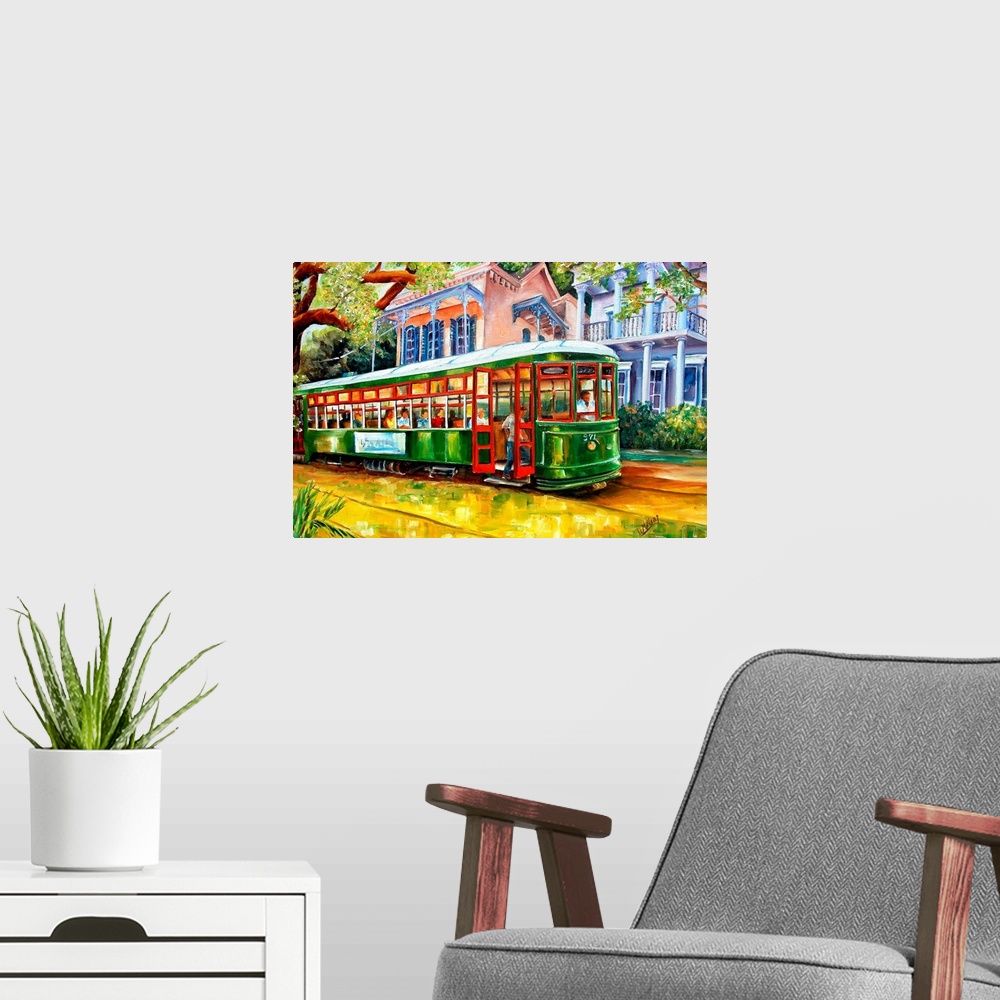 A modern room featuring Contemporary landscape painting of a New Orleans street lined with beautiful homes.