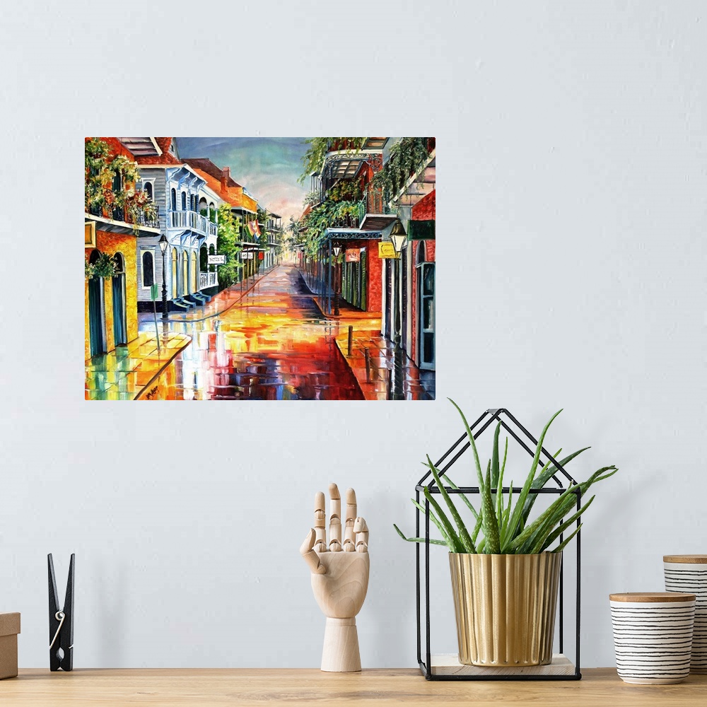 A bohemian room featuring Vibrant contemporary painting of iconic landmarks in New Orleans in bright colors.