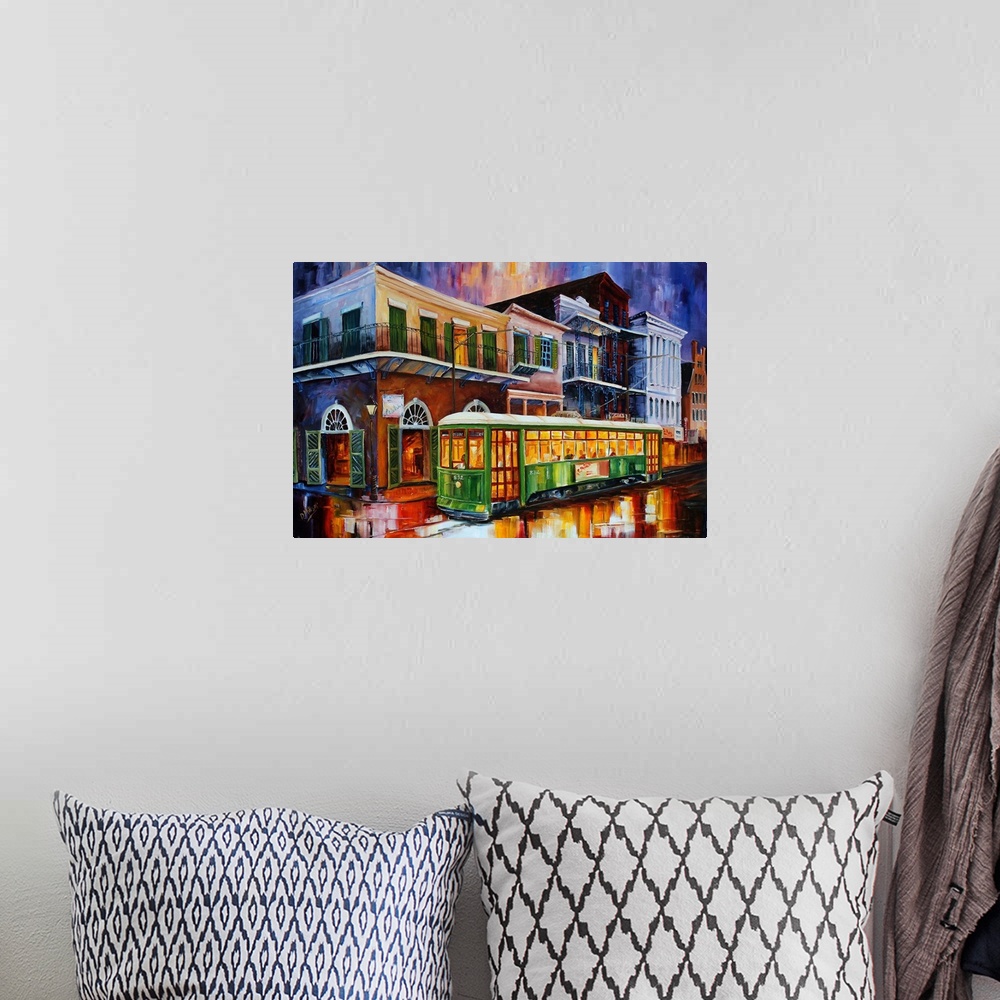 A bohemian room featuring Vibrant contemporary painting of iconic landmarks in New Orleans in bright colors.