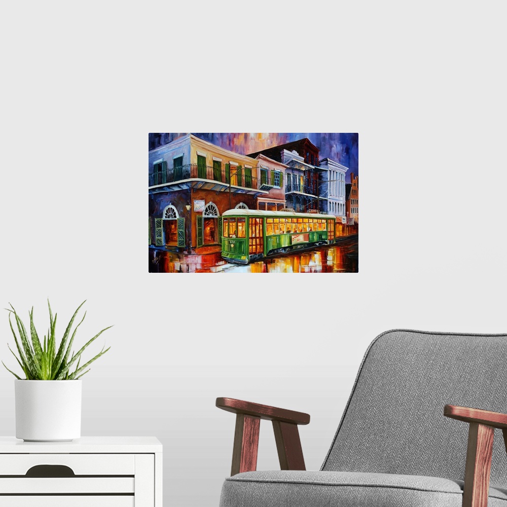 A modern room featuring Vibrant contemporary painting of iconic landmarks in New Orleans in bright colors.
