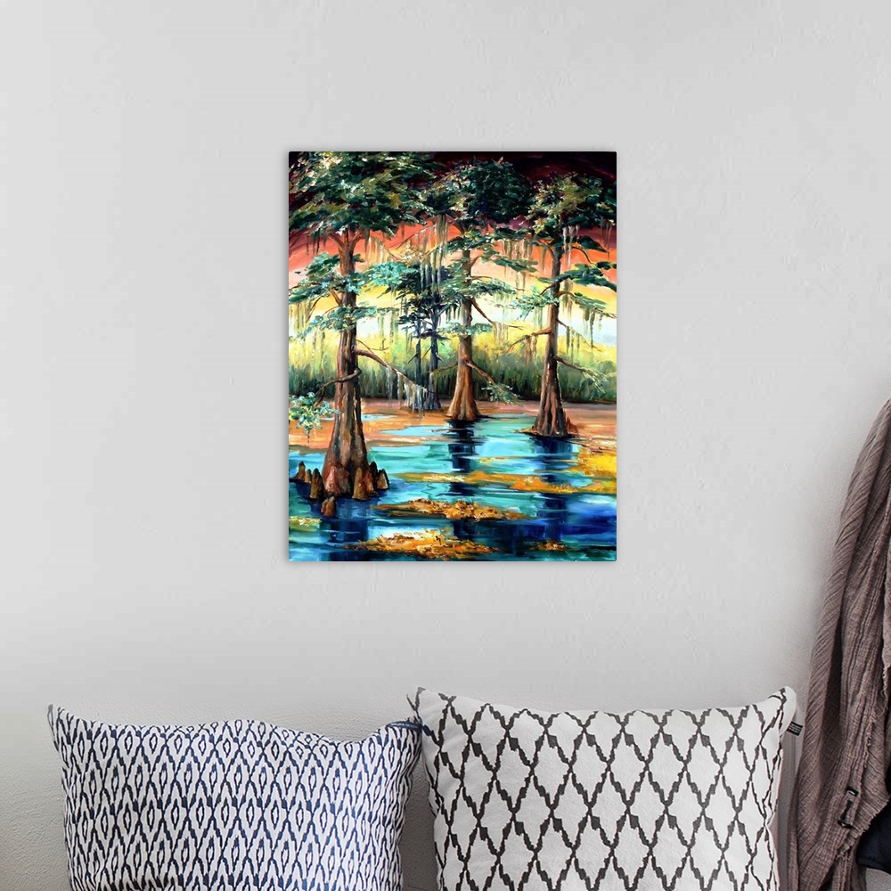 A bohemian room featuring Beautiful landscape painting of a Louisiana swap with Cypress trees.