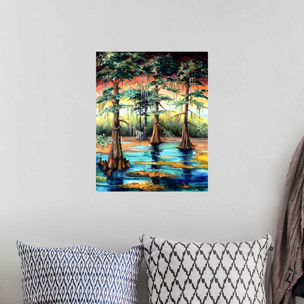A bohemian room featuring Beautiful landscape painting of a Louisiana swap with Cypress trees.