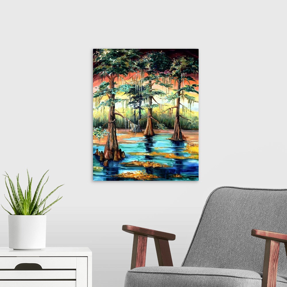 A modern room featuring Beautiful landscape painting of a Louisiana swap with Cypress trees.