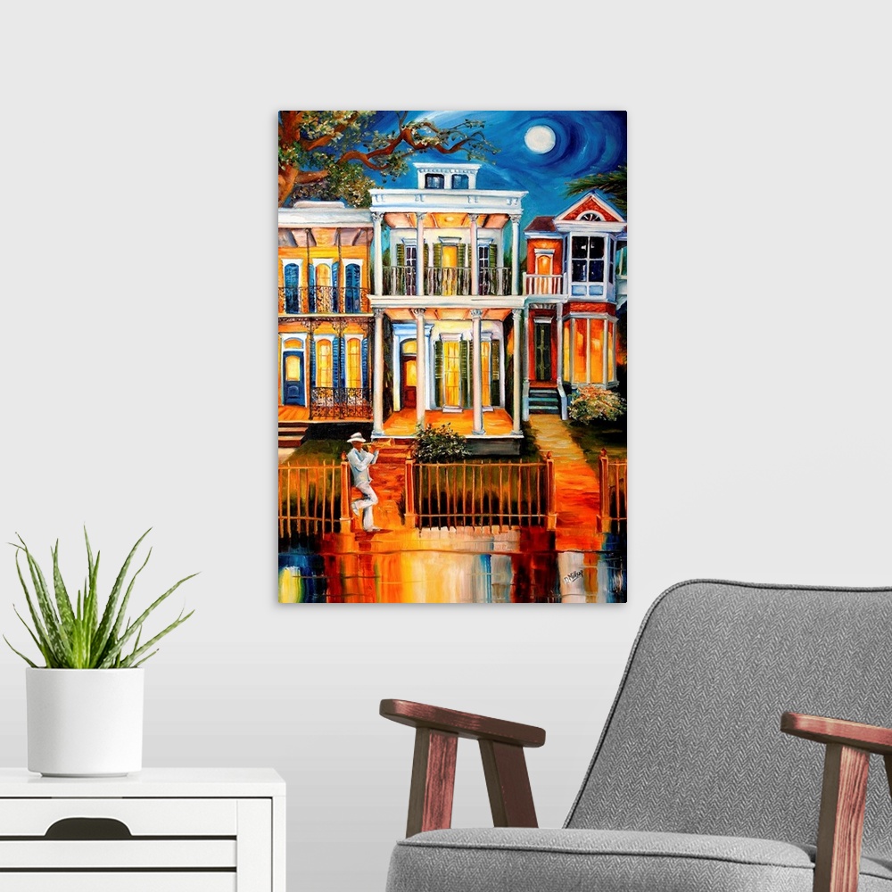 A modern room featuring A colorful work of art that shows three houses lining a street in New Orleans with a trumpet play...