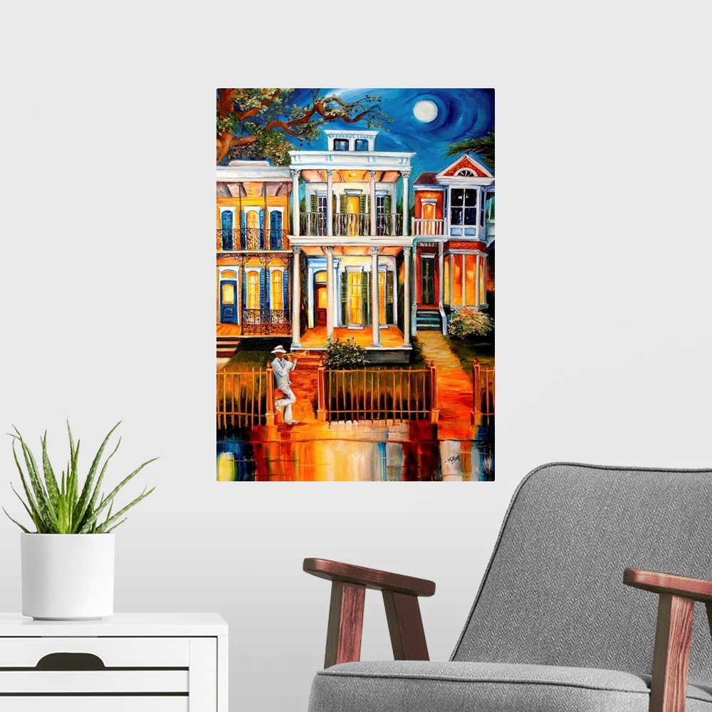 A modern room featuring A colorful work of art that shows three houses lining a street in New Orleans with a trumpet play...