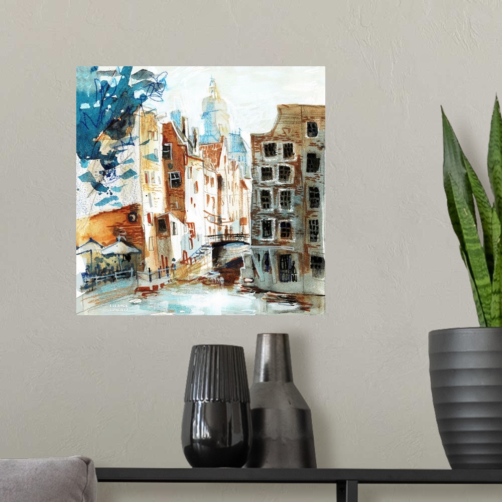 A modern room featuring Mixed media and watercolor sketch of a popular viewpoint in Amsterdam, the Netherlands, between t...