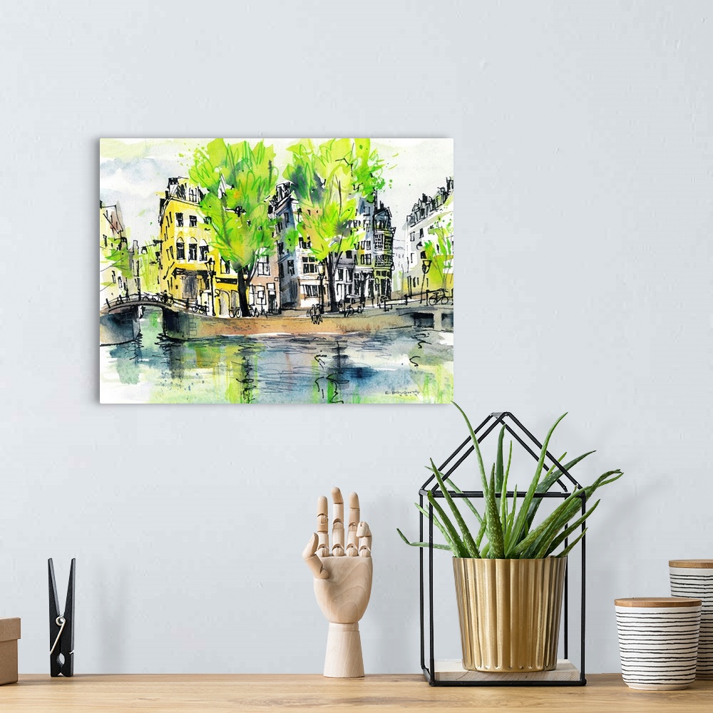 A bohemian room featuring Watercolor painting of a typical corner in Amsterdam - tall trees reflecting in the canal, old bu...