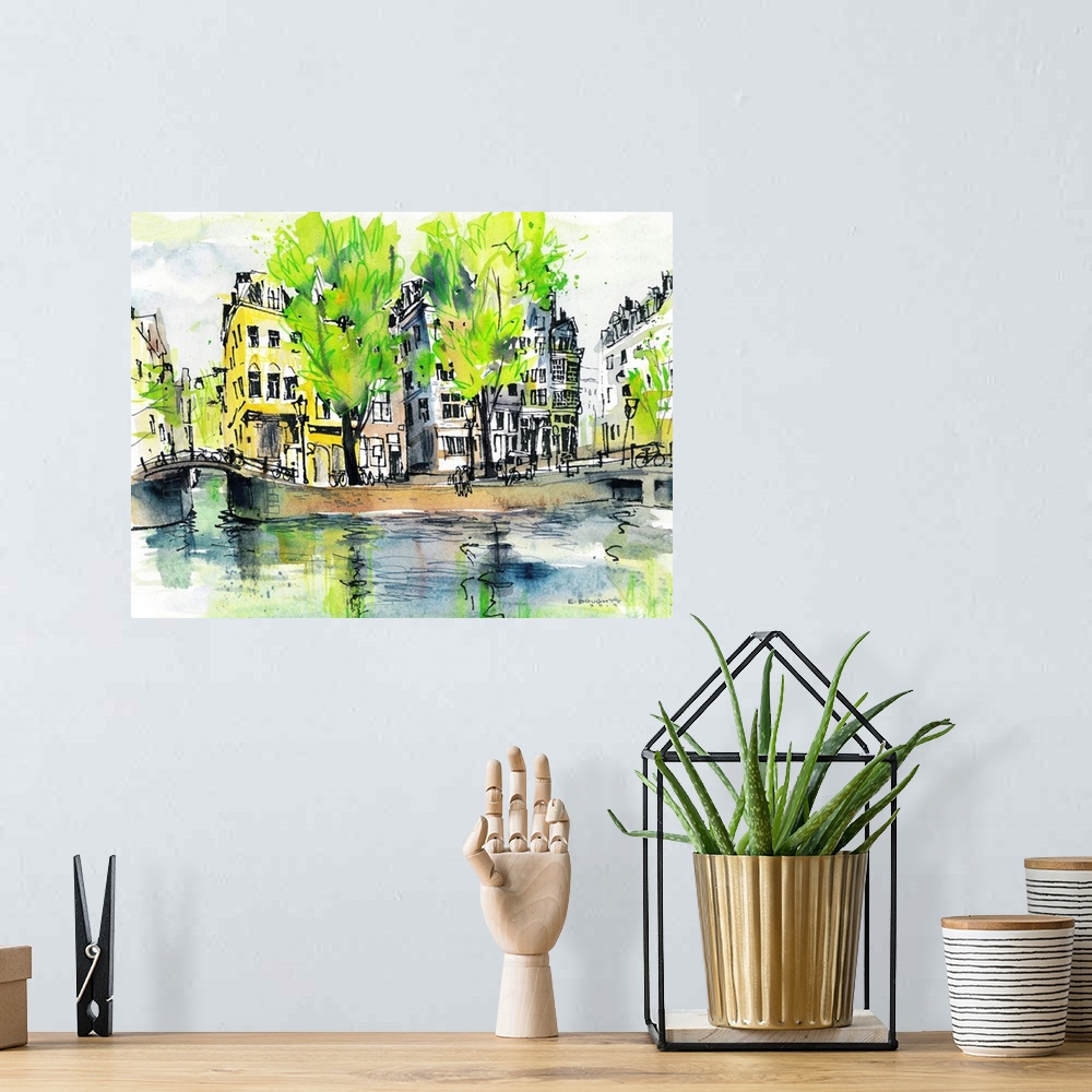 A bohemian room featuring Watercolor painting of a typical corner in Amsterdam - tall trees reflecting in the canal, old bu...