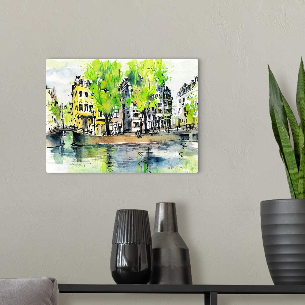 A modern room featuring Watercolor painting of a typical corner in Amsterdam - tall trees reflecting in the canal, old bu...