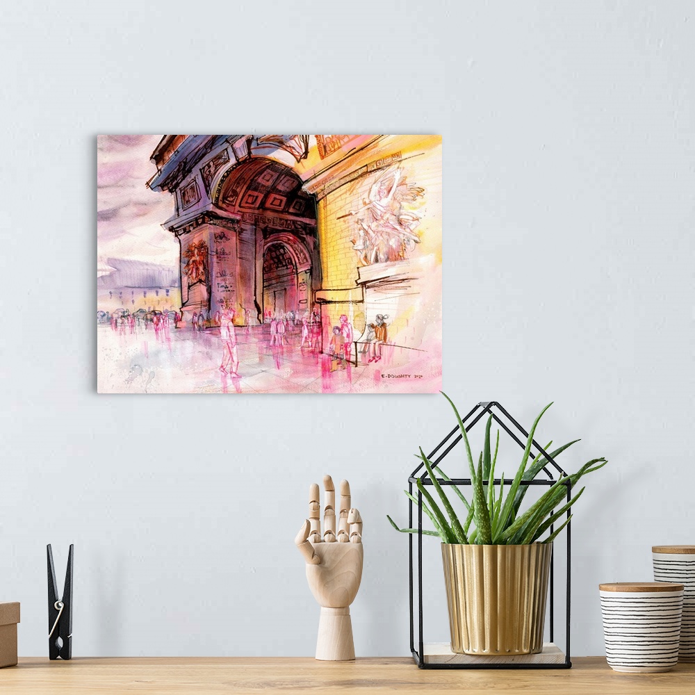 A bohemian room featuring A capture in watercolor and watersoluble marker of the Arc de Triomphe in Paris.