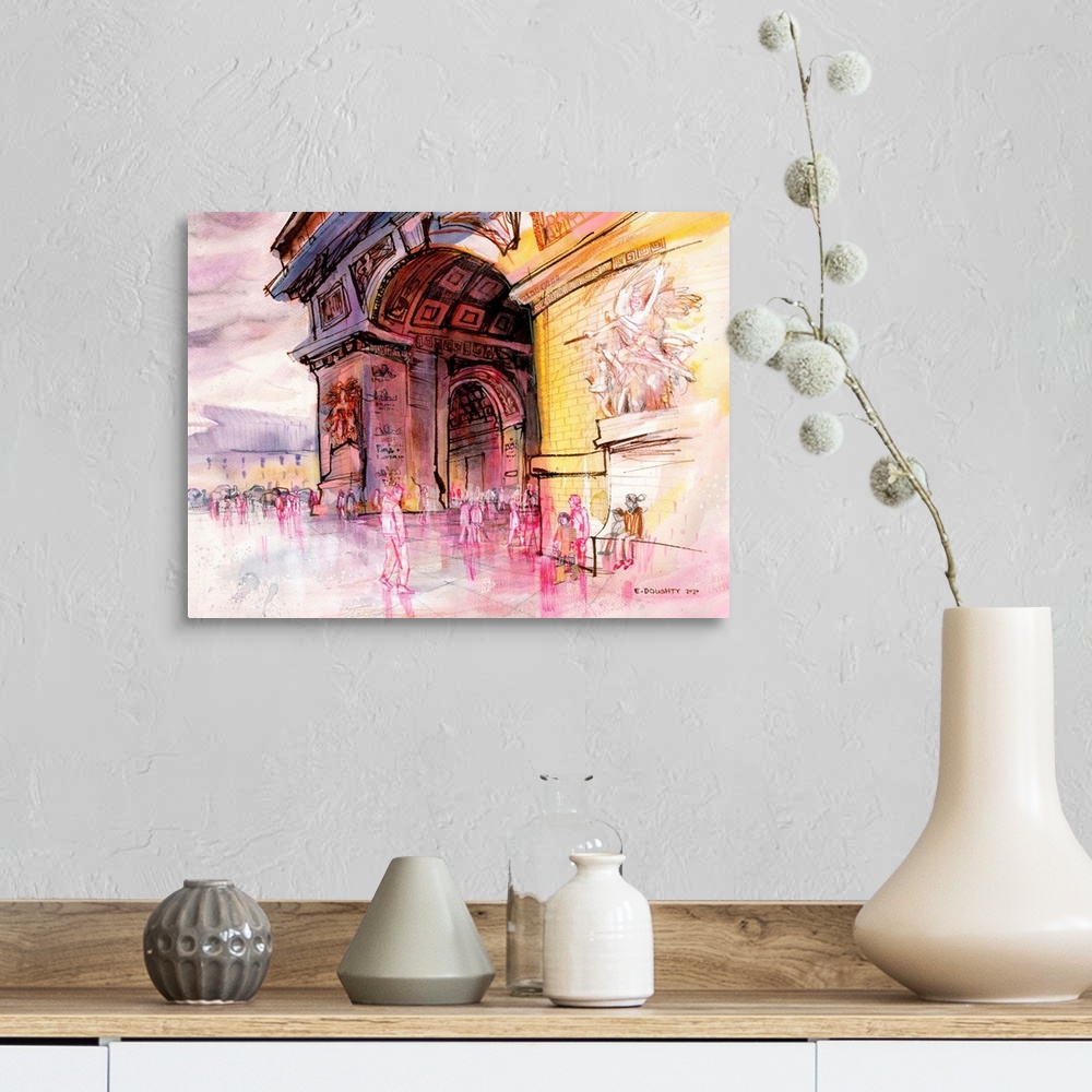 A farmhouse room featuring A capture in watercolor and watersoluble marker of the Arc de Triomphe in Paris.